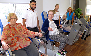 Physiotherapist and researcher Jennie Hewitt with Feros Care Wommin Bay residents (l-r) Cleo Bell, Julie Knox and Bren Catchpole, and USydney physiotherapy students Dom Dagher and Chelsea Clark.