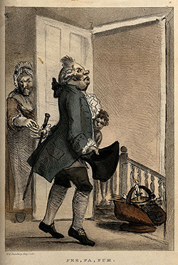 A doctor exacting payment for a house-call from a disgruntled patient. Lithograph by H.W. Bunbury.