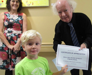 Dr Sue Page, young artist Connor Hardy from Ballina’s River Street Children’s Centre, and Ballina Mayor, David Wright.