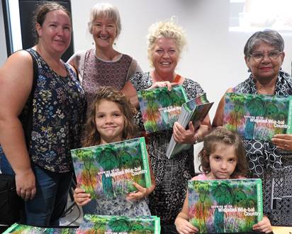 At the launch of ‘Growing up on Widjabul Wia-bal Country’ were (l-r) Sarah Black from Friends Child Care Centre, Shauna McIntyre, project coordinator, Lynette Funnell Lismore Pre School, Elder Aunty Thelma James, and sisters Audrey (aged 7) and Eliza (5) Zwiers who have Wiradjuri heritage through their father.