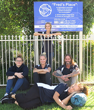 Ready for the Fred’s Place Tweed Heads community sleepout on Thursday 29 August are (l-r) Jessica Peebles, Alysia Hopkins (Fred’s Place coordinator), Megan Claeys (standing), Paula Vermunt and David Holmes.