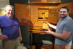 Master cabinet maker Geoff Hannah with former student Colin Fardon and the latter’s creation, Three Little Birds, sold for $68,000.