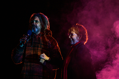 Above: Jyllie Jackson with Bundjalung man Uncle Gilbert Laurie at the Lantern Parade 2022. Photography by Natsky Copyright - www.natsky.com.au